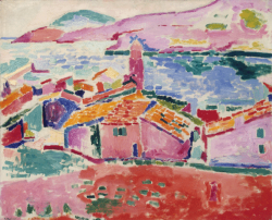 Wat denk je van de kleuren van dit landschap? Roze huis, rode grond? Een roze berg???